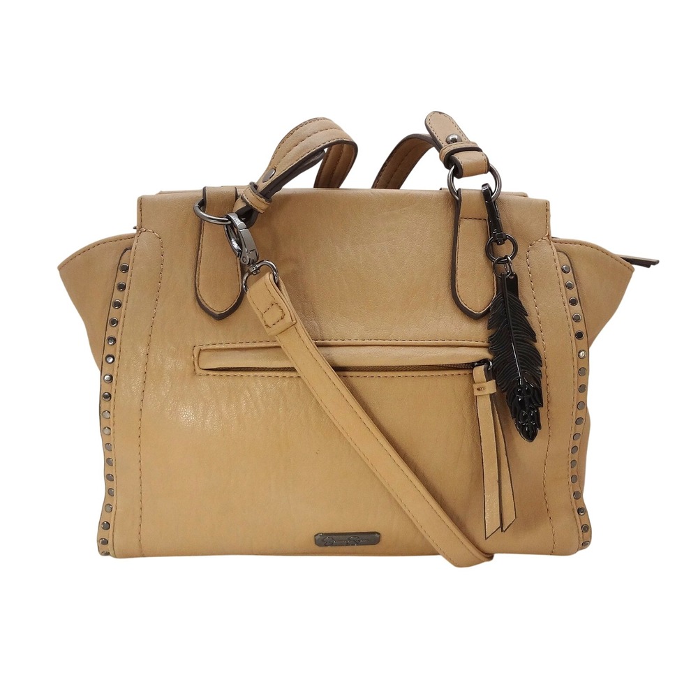 Jessica Simpson Misha Satchel Crossbody Tan Stud Trim Feather Charm Faux Leather